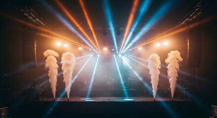 Stage lights shooting upward in dark concert venue creating dynamic entertainment atmosphere