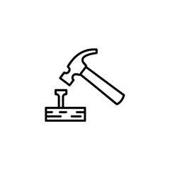 Hammer Hitting Nail into Wood Icon Line