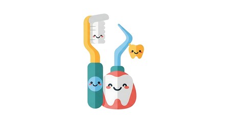 Smiling Toothbrush and Dental Tools: A Cartoon Illustration for Dental Hygiene