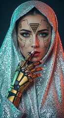 portrait of a young cyborg woman android with futuristic make-up, wearing vintage style futuristic clothes, aluminium, woven flowing fabric
