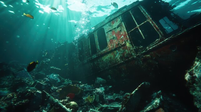 An eerie view of a submerged shipwreck surrounded by sea life in a stunning underwater landscape, showcasing the beauty and mystery of ocean exploration.