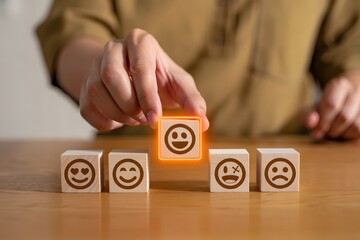 customer services best excellent business rating experience. Satisfaction survey concept. Hand of a businessman chooses a smile face on wood block circle. 5 Star Satisfaction.
