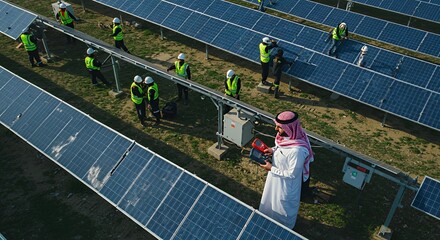 Aerial View of Solar Panel Installation Crew with Supervisor