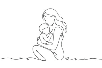 Mother and Baby Single Line Drawing Art
