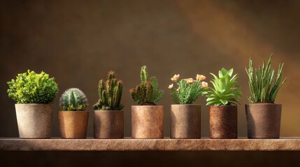 A charming display of various potted cacti arranged aesthetically on a rustic shelf, showcasing nature's beauty and diversity, perfect for green thumbs and plant lovers alike.