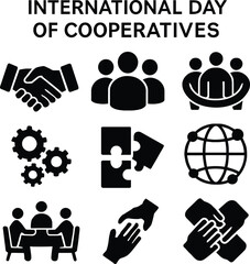 Black silhouette icon set for International Day of Cooperatives. Solid black vector pictograms featuring handshake, group of people, community, cooperation, teamwork, gears, puzzle pieces, globe, netw