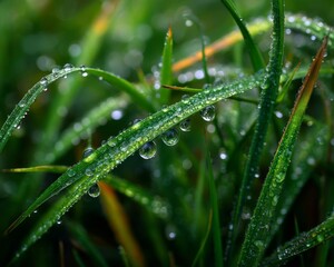 Naklejka premium Closeup of Dew Drops on Lush Green Grass Blades