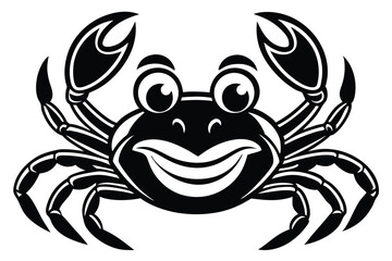 A happy black crab character raises its claws cheerfully in a fun monochrome image