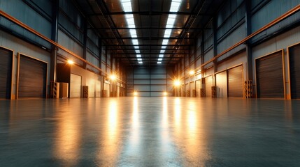 A vast and well-lit warehouse space featuring polished concrete floors and bright light fixtures, symbolizing innovation and functionality in contemporary design.