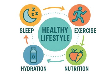 Healthy lifestyle infographic with icons showing sleep, exercise, nutrition, hydration cycle for wellness and balance