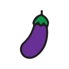 Simple cartoon eggplant illustration with a vibrant purple body and green cap, outlined in black. Isolated on a white background. Ideal for healthy eating or food-related designs