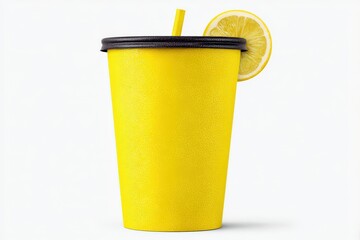 Refreshing yellow beverage cup with a lemon wedge and straw exuding summer vibes inviting for a thirst quenching experience enhancing cheerful moods and revitalizing spirits