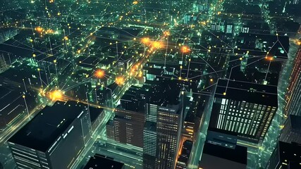Aerial view of a bustling city at night, illuminated by glowing network connections and data streams - Powered by Adobe
