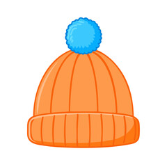 Cozy Cartoon Orange Beanie Hat Vector with Blue Pom-Pom | Winter Knit Cap Icon
