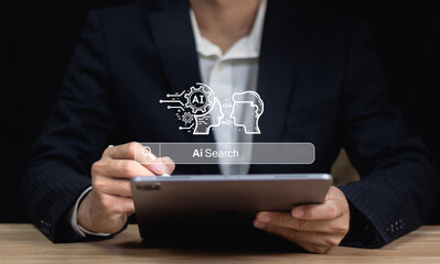 Businessman using smartphone with AI search engine bar for data search optimization by artificial...