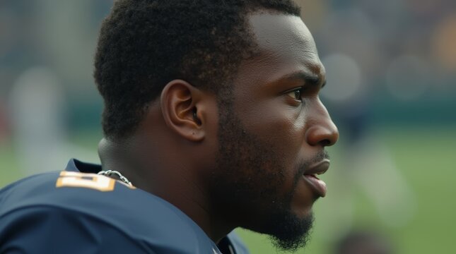 Close-up profile of focused American football player in uniform during game on outdoor stadium field