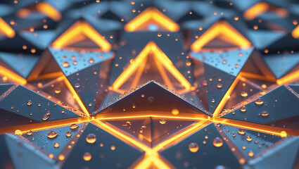 Abstract 3d geometric shapes with orange glowing accents and water droplets for modern digital designs