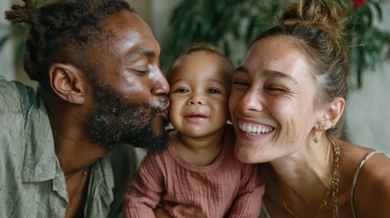 A happy family of three, a couple kissing their toddler, capture a moment of love and happiness, highlighting the bond and joy of family life in a warm home environment.