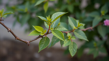 Obraz premium Pruned branch of a butterfly bush growing fresh new leaves, garden plant care, pruned tree budding