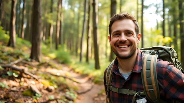 Male volunteer in the forest. Happy forester. Male searcher in the forest. Portrait of a man on a hike.