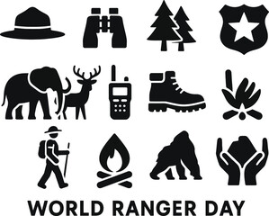 Black silhouette icon set for World Ranger Day. Solid black vector pictograms featuring park ranger hat, binoculars, forest trees, ranger badge, wildlife animals, walkie-talkie, hiking boots, ranger p