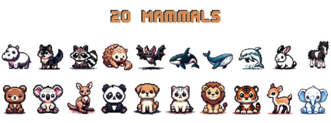A collection of twenty adorable cartoon mammals displayed in a row.