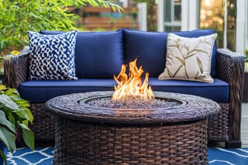 Wicker outdoor table with indoor fire pit on top in blue and brown tones, placed before navy blue couches in cozy living space.