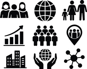 Black silhouette icon set for World Population Day. Solid black vector pictograms featuring diverse group of people, globe, family, growth chart, crowd, population density symbols, city skyline, hands