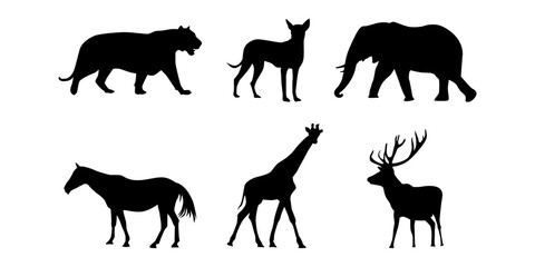 Collection cute wild animal isolated vector silhouettes