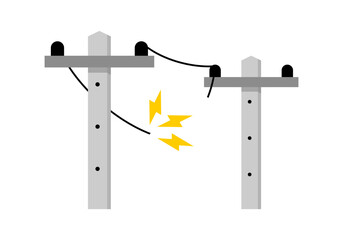 Broken electric wire of high power voltage pole is damaged and short circuit spark cause danger electrocution risk icon flat vector design