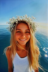 Happy holiday season visual design idea. Happy gorgeous caucasian young woman with blond hair wearing white flower circlet on her head. Dawn light. Woman in harmony with nature.