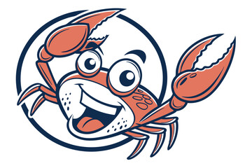 Cartoon orange crab cheerfully smiles inside a navy blue circle on a white backdrop