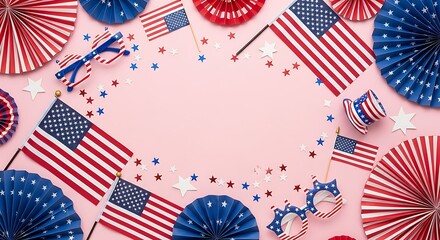 American flag decorations and patriotic party supplies on pink background