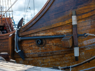 Traditional Wooden Sailing Ship Rigging and Anchor Detail