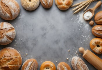 Variety of freshly baked artisanal bread and baking ingredients arranged on a gray surface