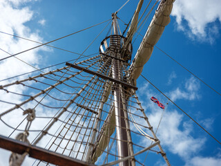 Crows Nest and Rigging of a Traditional Sailing Ship Against Blue Sky