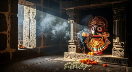Lord Jagannath idol placed inside a small traditional stone shrine with soft sunlight