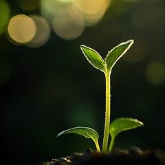 Fototapeta premium New Sprout: A delicate seedling emerges from the earth, its vibrant green leaves reaching towards the warm sunlight filtering through the bokeh background.