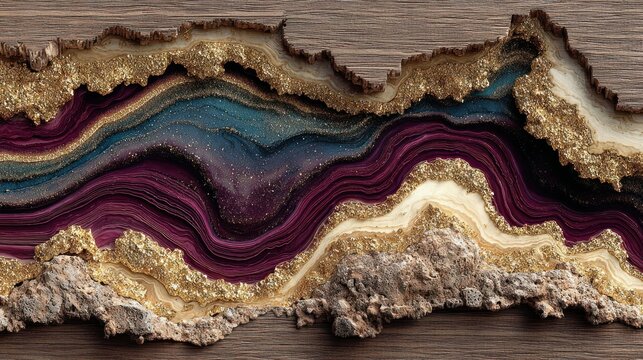 Abstract resin art, layered colors, wood inlay