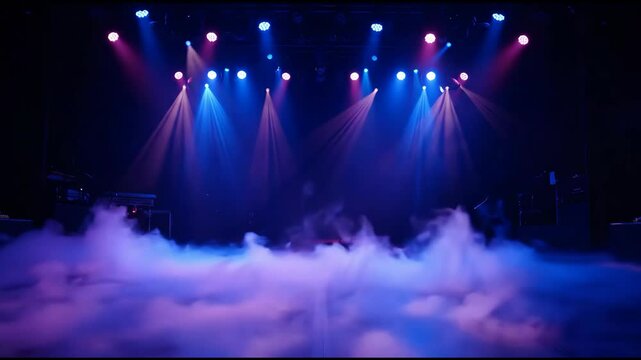 Vibrant stage illuminated with dramatic blue and pink spotlights and ethereal fog, creating an exciting atmosphere for a live concert or performance.