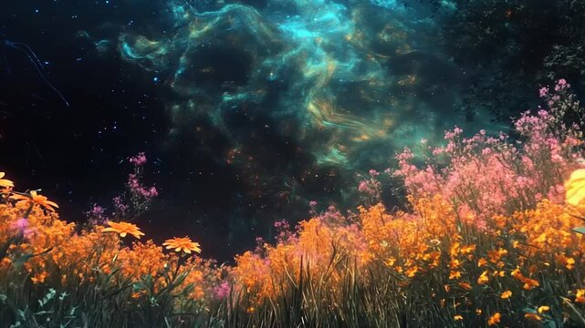 Vibrant flowers bloom in a surreal cosmic landscape under a starry sky at twilight