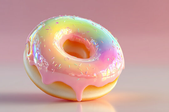 Glossy pastel donut with rainbow ceramic glaze and colorful sprinkles in surreal 3D rendering showcasing vibrant sweet dessert art with soft lighting and dreamy candy aesthetic - Powered by Adobe