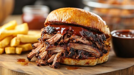 This appetizing image features a stacked pulled pork sandwich drizzled with rich barbecue sauce, complemented by crispy fries, creating a mouth-watering culinary scene.