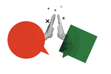 Trend artwork creative sketch 3D photo collage of speech communication conversation discussion two...