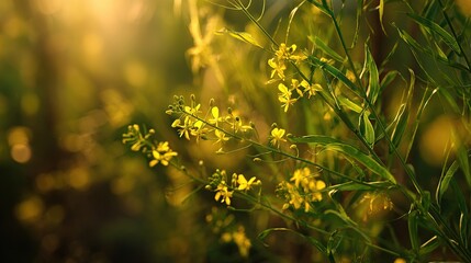 Golden wildflowers bathed in warm sunlight