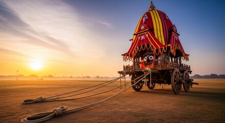 Decorated wooden rath of Lord Jagannath standing with long ropes neatly arranged on the ground