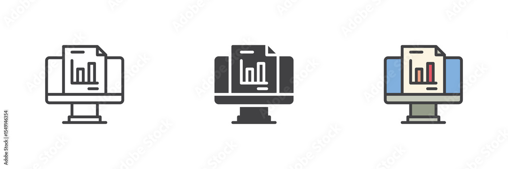 Poster Computer graph statistics icon set in line, solid and filled outline style