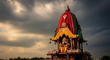 Lord Jagannath idol placed alone on the Rath under cloudy sky before the yatra begins
