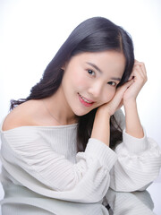 Portrait happy cheerful young asian beautiful woman clean fresh skin, showcasing healthy and wellness smile look at camera on white background Ideal facial skincare glowing beauty treatment promotions