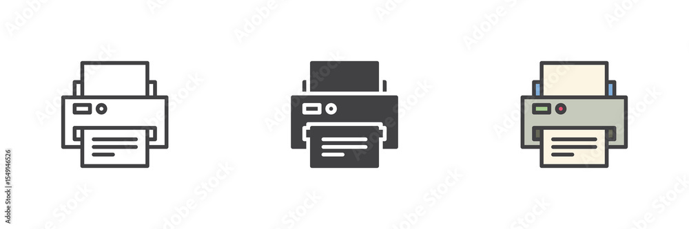 Aufkleber printer icon set in line, solid and filled outline style